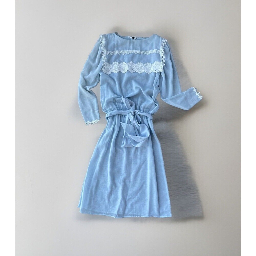 Vintage Gunne Sax Prairie Dress Size 3 Blue Bib Lace Sheer USA Long Sleeve